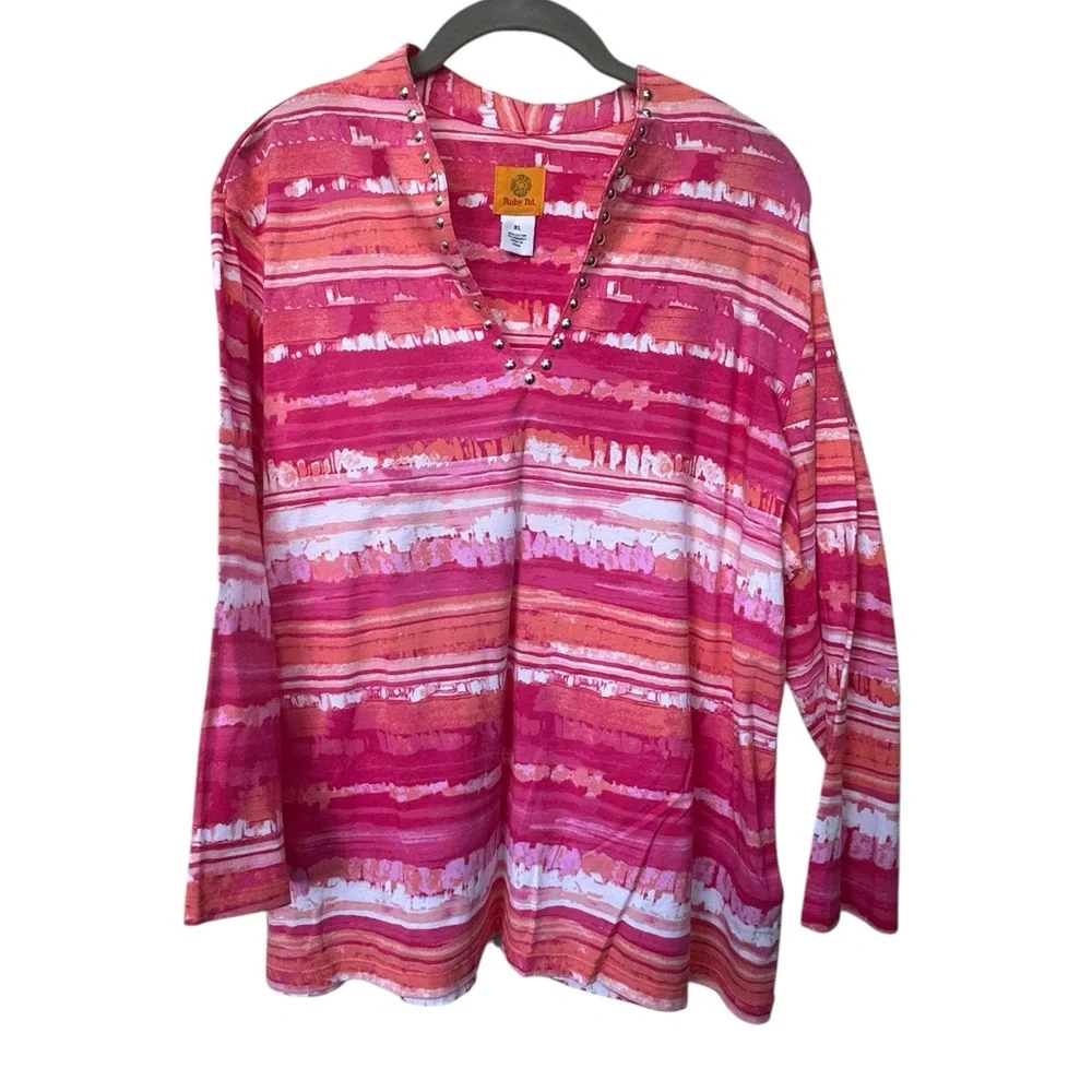 Ruby Road Pink and Orange Striped V-Neck Top size XL - Picture 3 of 5